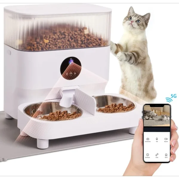 Automatic Cat Feeders, Wifi Feede Cat Food Dispenser with 1080P Camera , 5Lwith Feeding Mat, APP Control, 2-Way Audio, PetFeeder