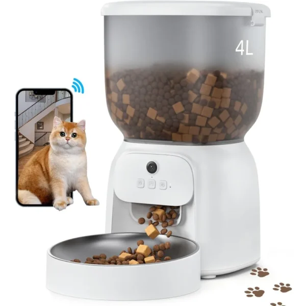 Automatic Cat Feeder with Camera, 1080P HD Video Cat Food Dispenser with Steel Bowls WiFi Automatic Pet Feeder with 2 Way Audiol