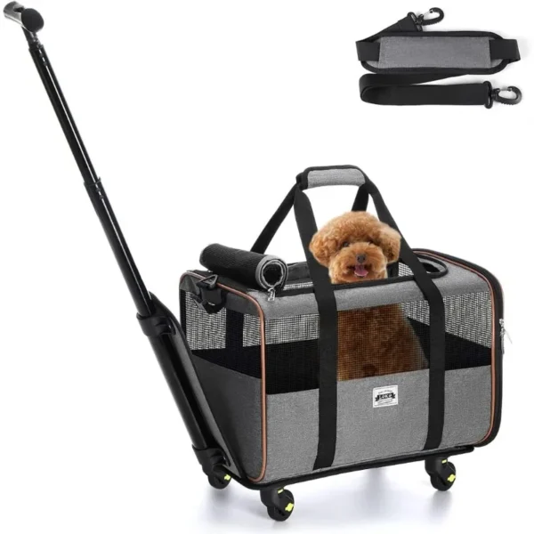 Cat Dog Carrier with Wheels Airline Approved Rolling Pet Carrier with Telescopic Handle and Shoulder Strap, Grey